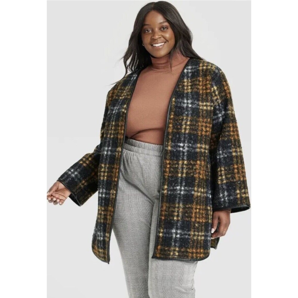 AVA & VIV Womens Coat Black Orange 2X Polyester Overcoat Pockets Plaid